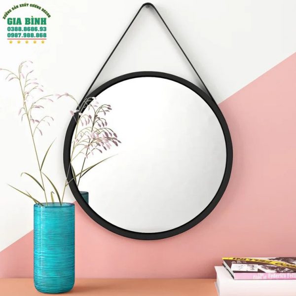 Gương dây da treo tường màu đen hình tròn mã TT01