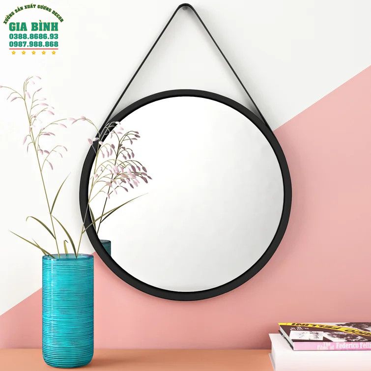 Gương dây da treo tường màu đen hình tròn mã TT01