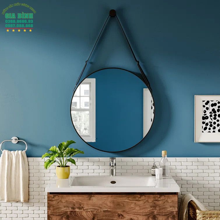 Gương dây da treo tường màu đen hình tròn mã TT01