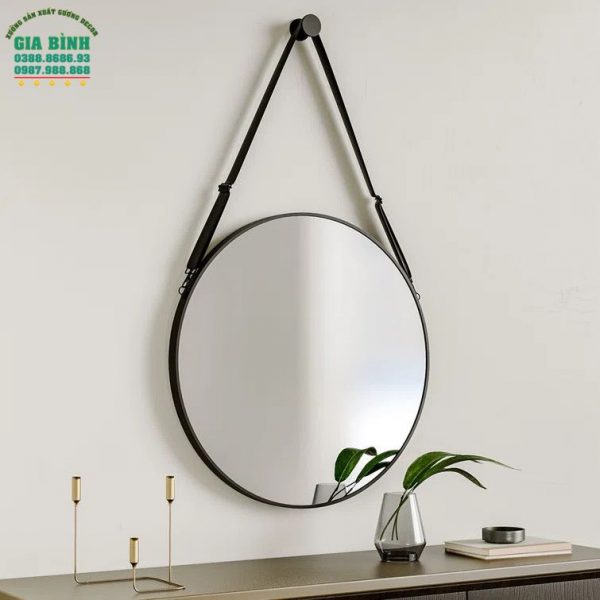 Gương dây da treo tường màu đen hình tròn mã TT01