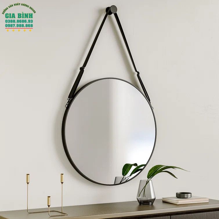 Gương dây da treo tường màu đen hình tròn mã TT01