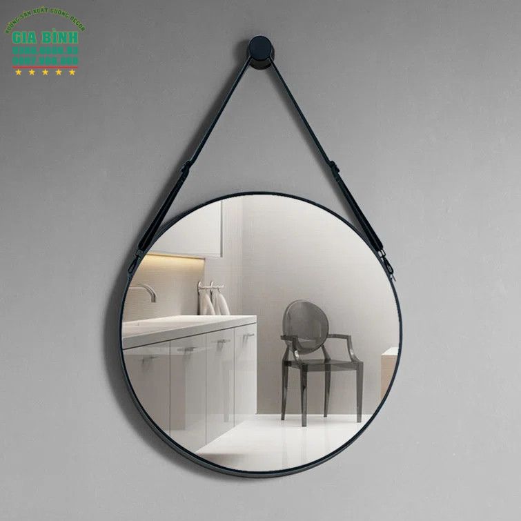Gương dây da treo tường màu đen hình tròn mã TT01