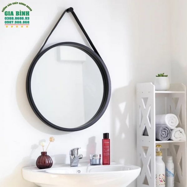 Gương dây da treo tường màu đen hình tròn mã TT01