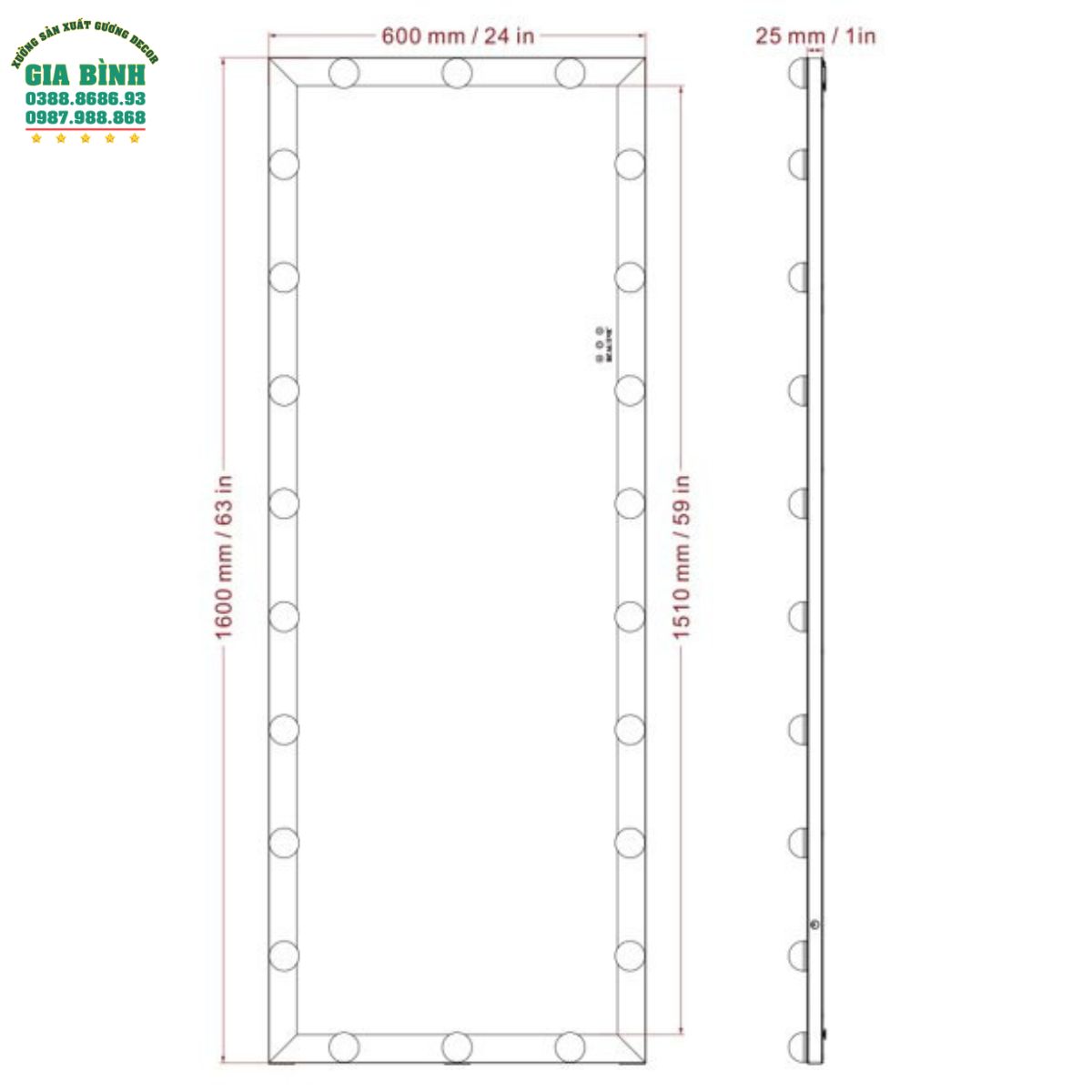 Gương soi toàn thân hình chữ nhật viền LED mã GB09