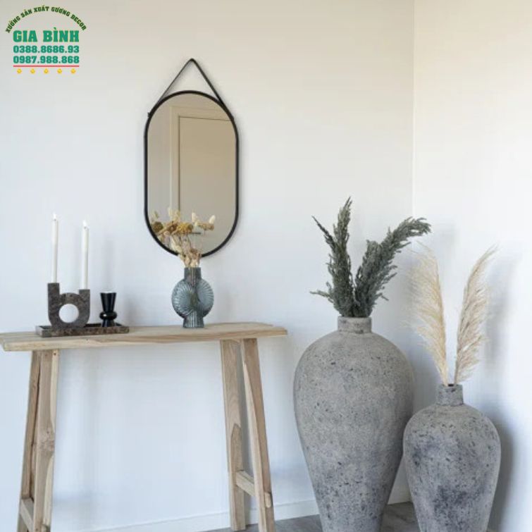 Gương dây da thiết kế hình bầu dục viền kim loại mã TT08
