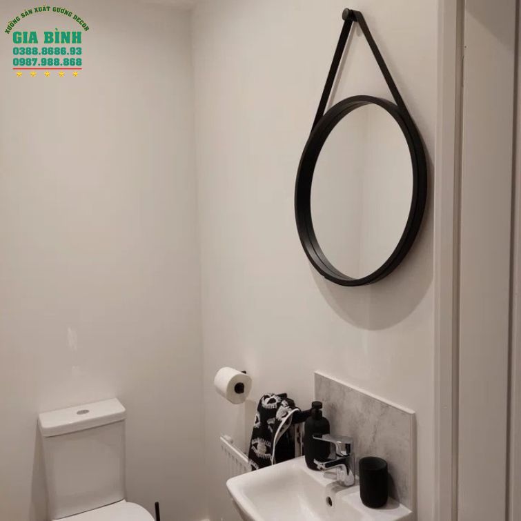 Gương dây da treo tường màu đen hình tròn mã TT01