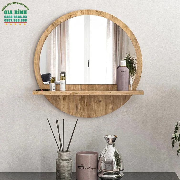 Gương phòng tắm treo tường hình tròn kèm kệ mã PT02