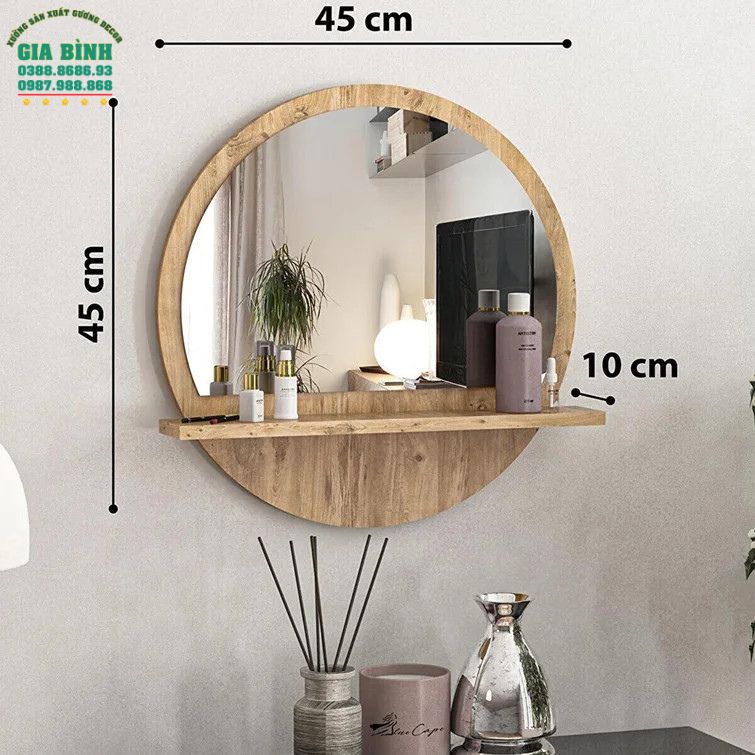 Gương phòng tắm treo tường hình tròn kèm kệ mã PT02