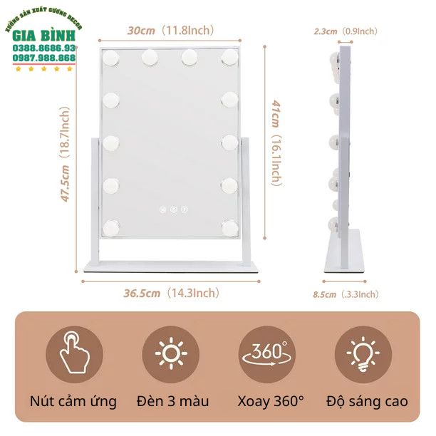 Gương trang điểm để bàn hình chữ nhật mã TĐ02