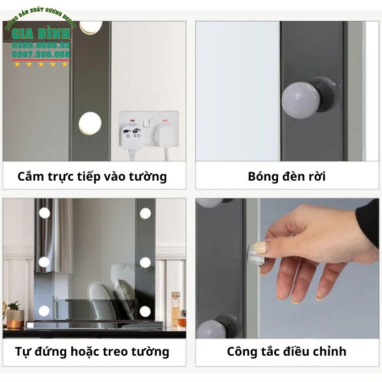 Gương trang điểm hình chữ nhật có đèn mã TĐ07
